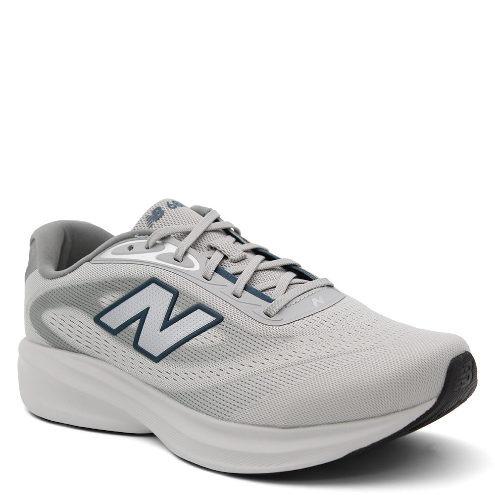 A light gray New Balance m680 men's running shoe with a white sole and a navy blue outlined 'N' logo on the side,