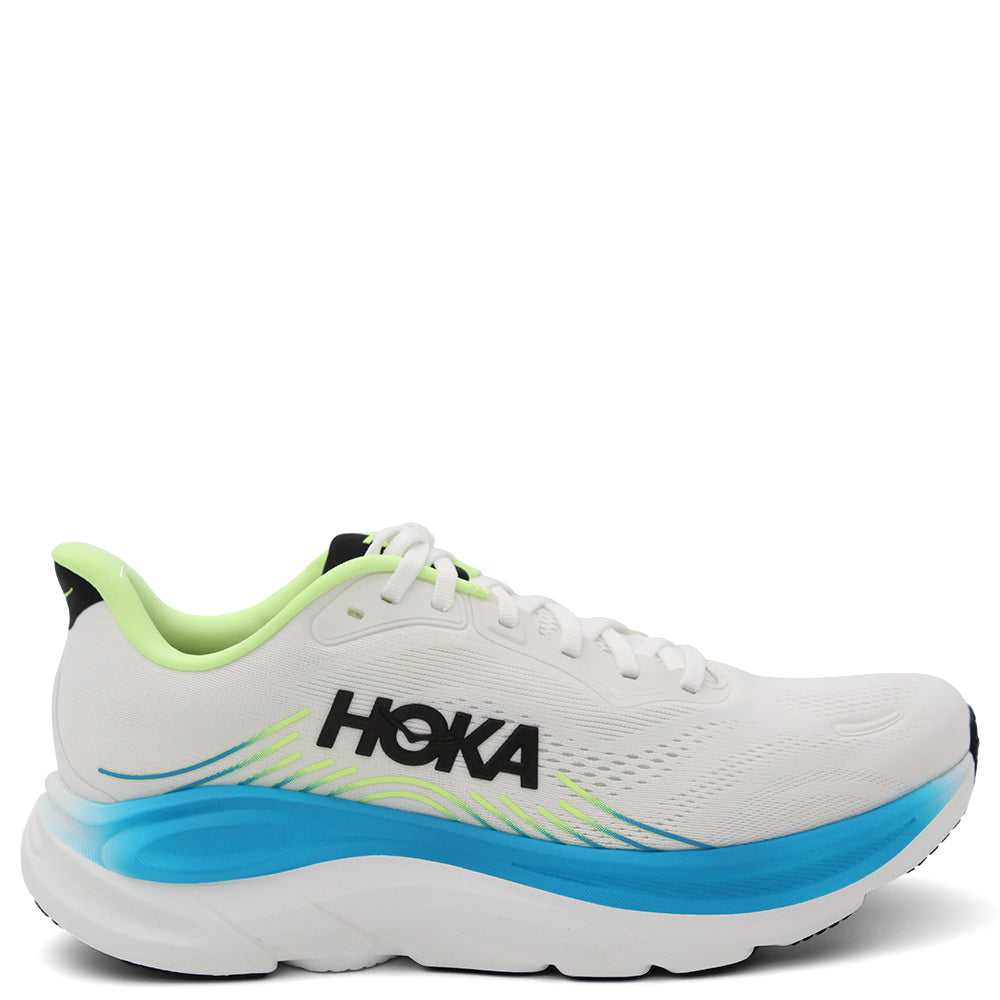 HOKA Clifton 11 women's running shoe white with a bright blue and neon yellow-green accent design