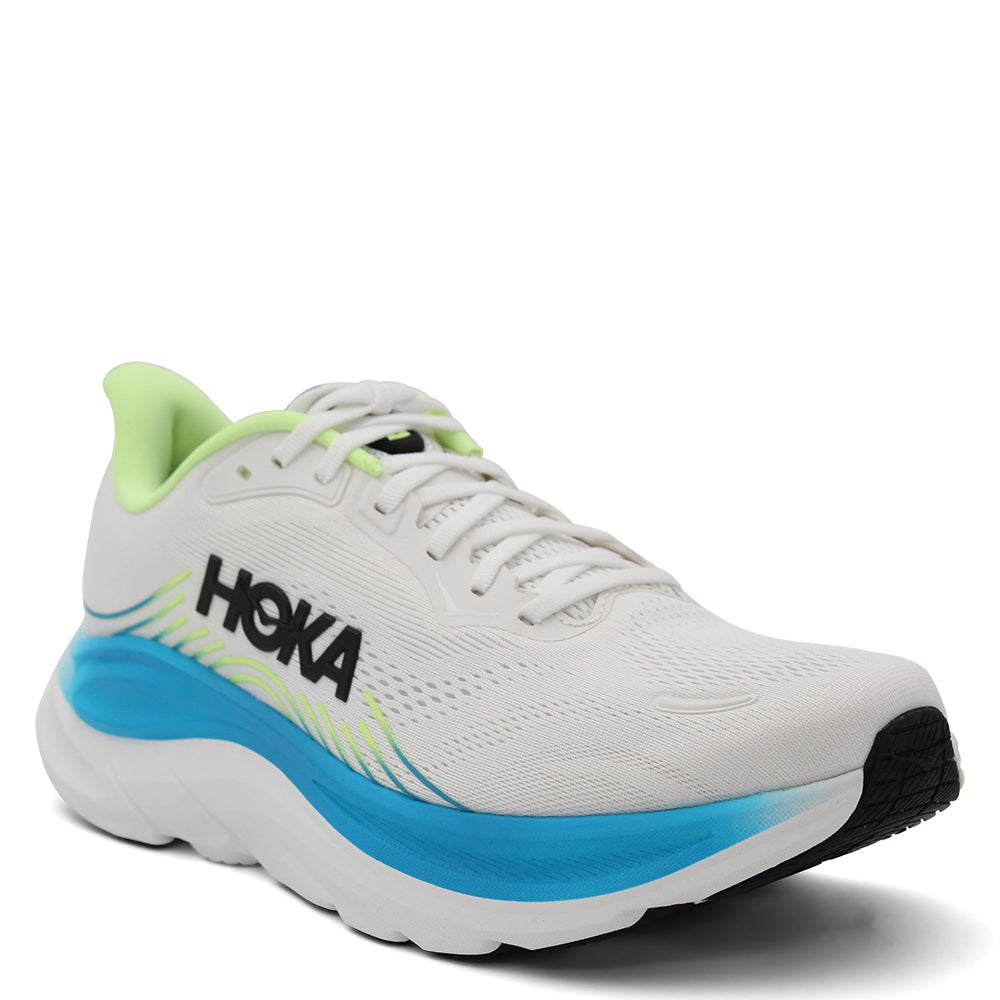 HOKA Clifton 11 women's running shoe white with a bright blue and neon yellow-green accent design