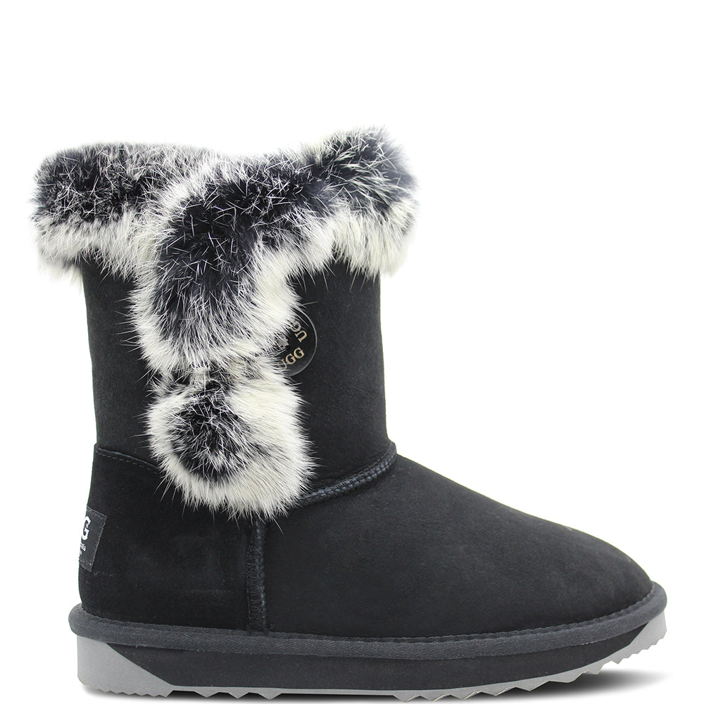 Comfort Me Button Fur Trim Black Womens Ugg Boots