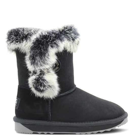 Comfort Me Button Fur Trim Black Womens Ugg Boots