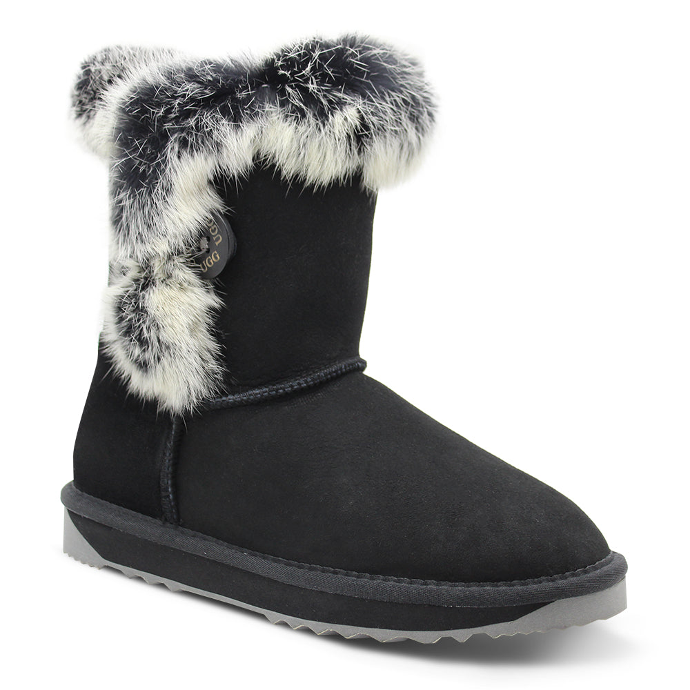 Comfort Me Button Fur Trim Black Womens Ugg Boots