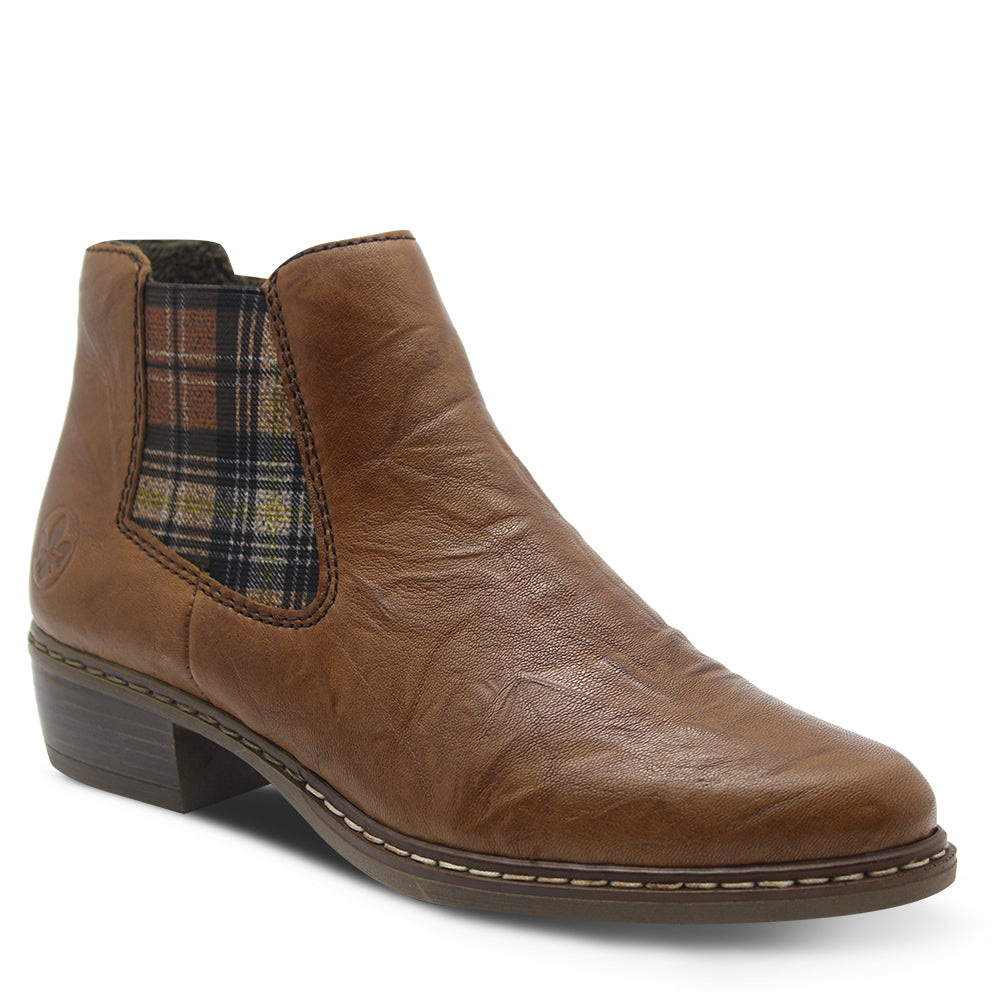 Rieker Y0894 Women's Low Heel Boot Tan with Tartan