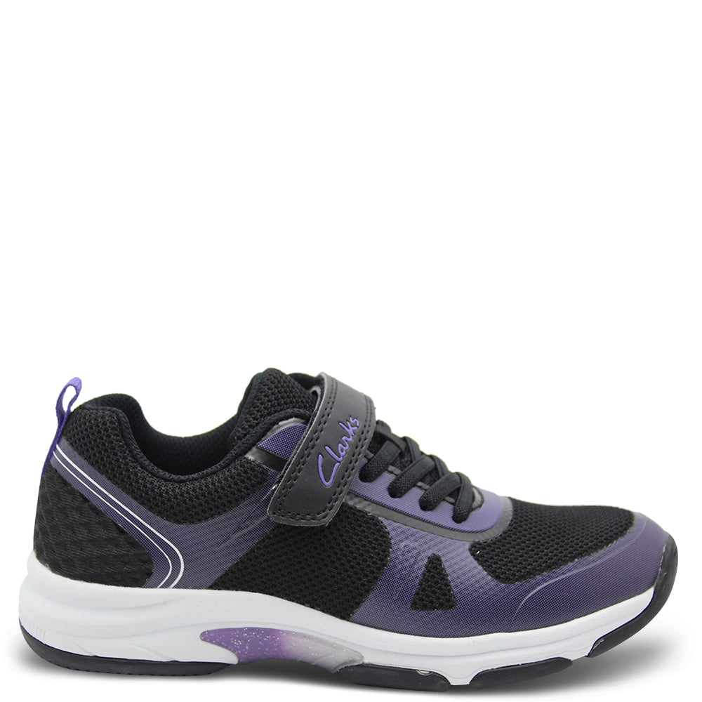 Clarks Active Black/Purple Velcro Kids Runner
