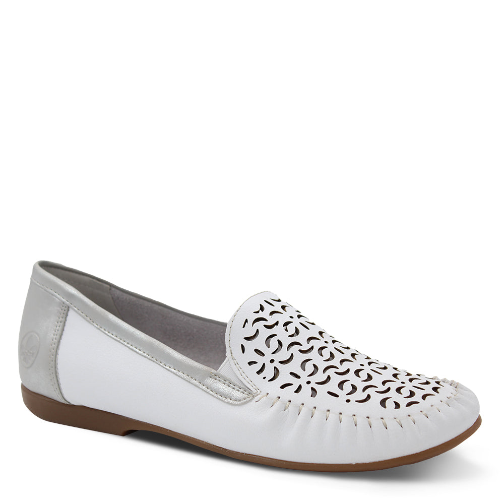 Rieker l6350 women's flat casual slip on loafer white silver