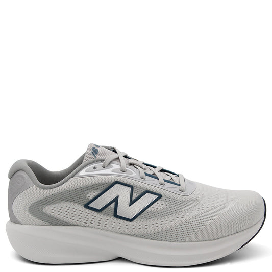 A light gray New Balance m680 men's running shoe with a white sole and a navy blue outlined 'N' logo on the side, 