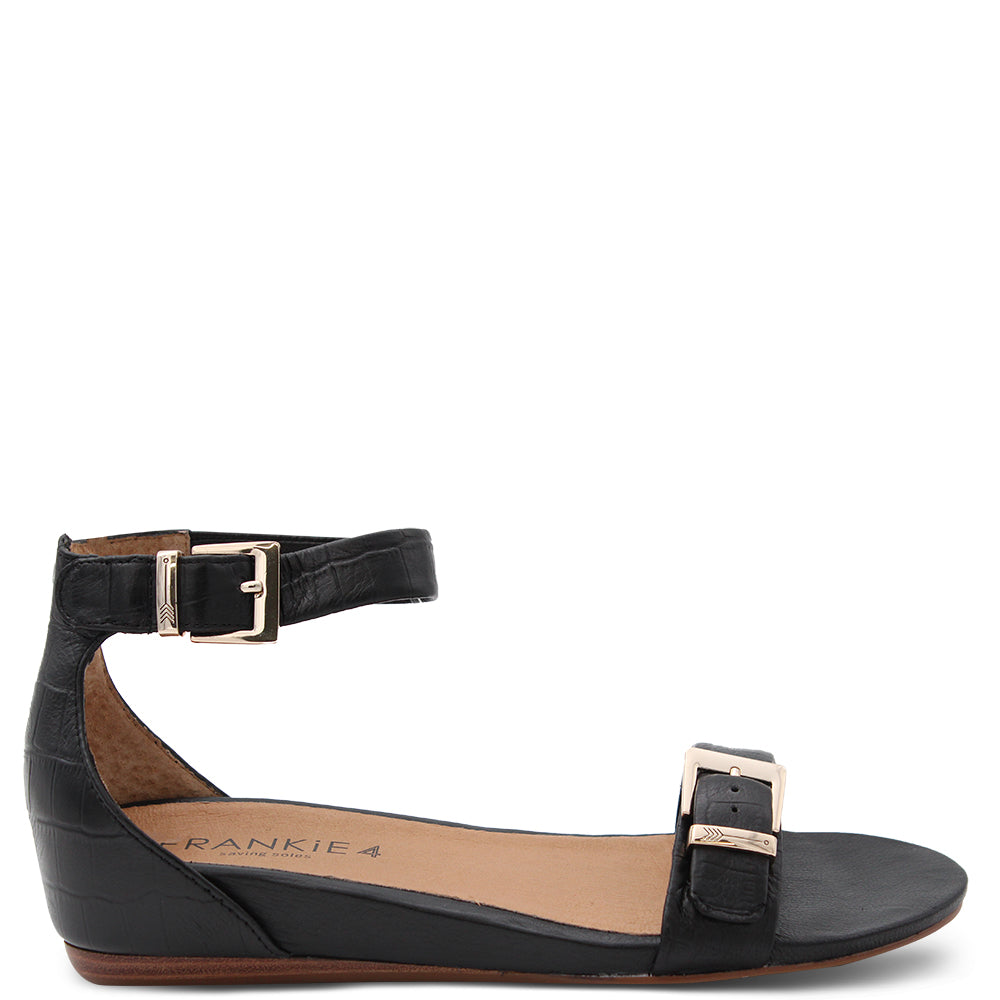 Frankie4 Megan Black Croc Flat Women's Sandal