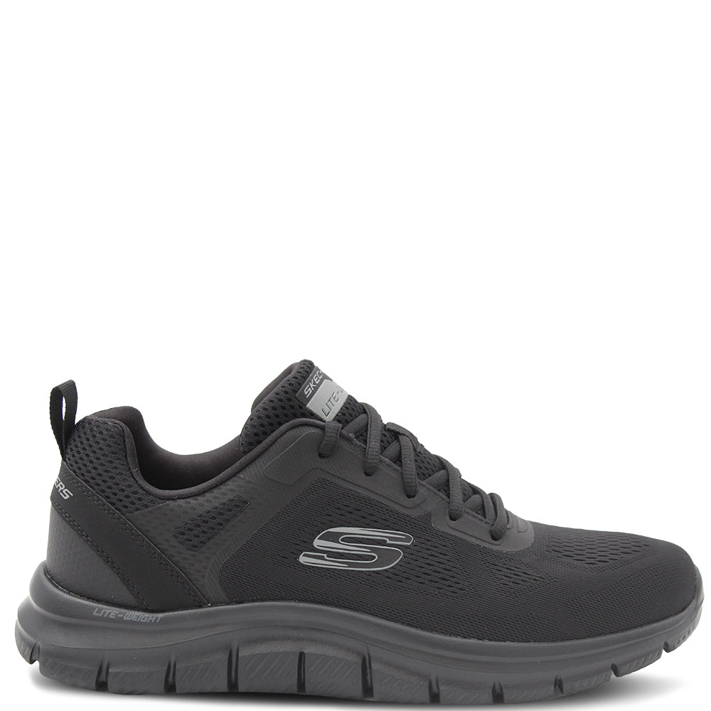 A pair of Skechers men's trainers with a mesh and synthetic upper in black and grey colors, featuring a Skechers logo detail on the side. Skechers Track Broader Mens Trainers