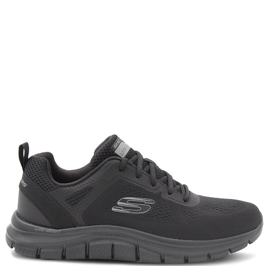 A pair of Skechers men's trainers with a mesh and synthetic upper in black and grey colors, featuring a Skechers logo detail on the side. Skechers Track Broader Mens Trainers