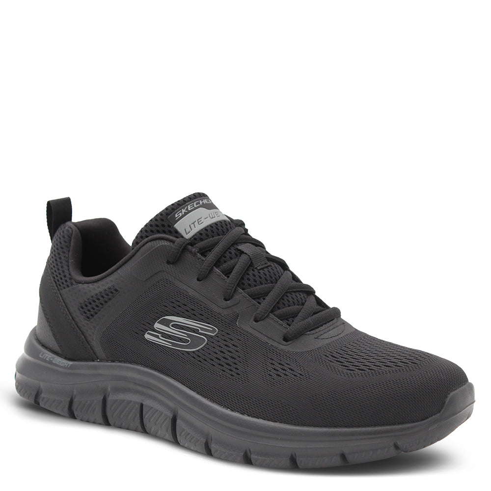 A pair of Skechers men's trainers with a mesh and synthetic upper in black and grey colors, featuring a Skechers logo detail on the side. Skechers Track Broader Mens Trainers