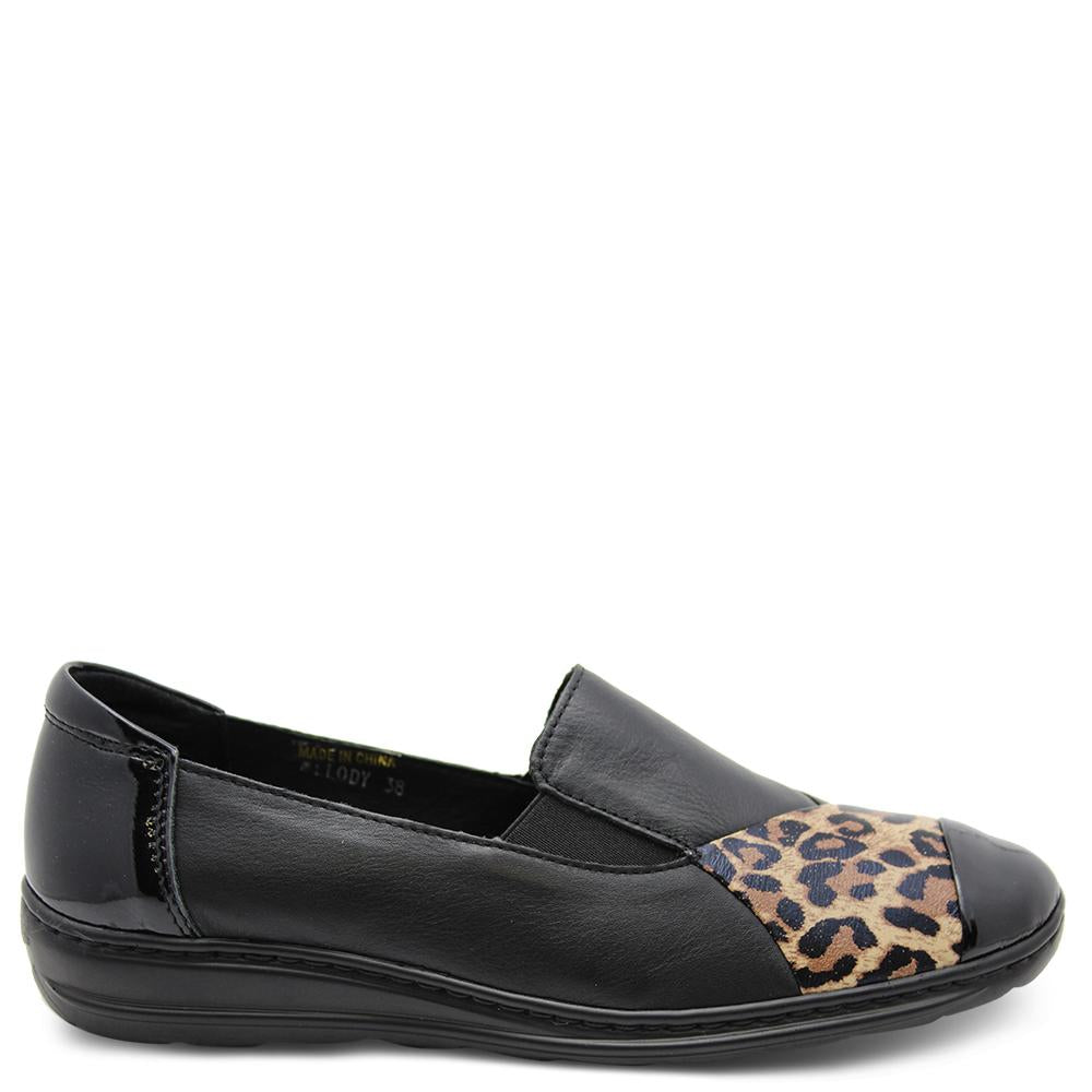 Cassini Melody Black Leopard Womens Flat